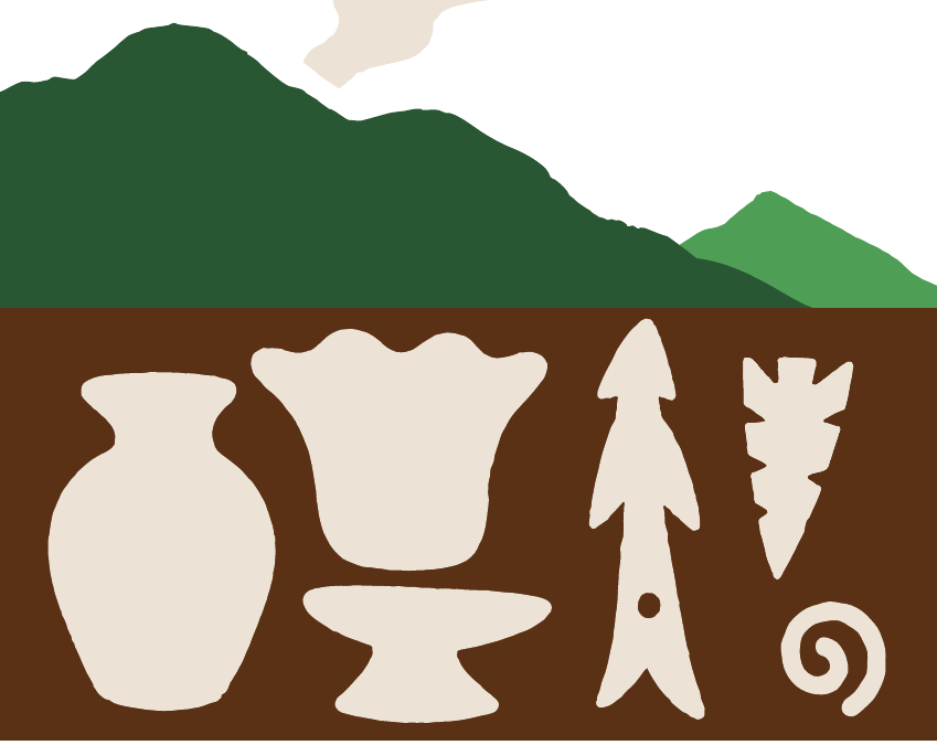 山並みと縄文時代の土器や石器を描いた図版